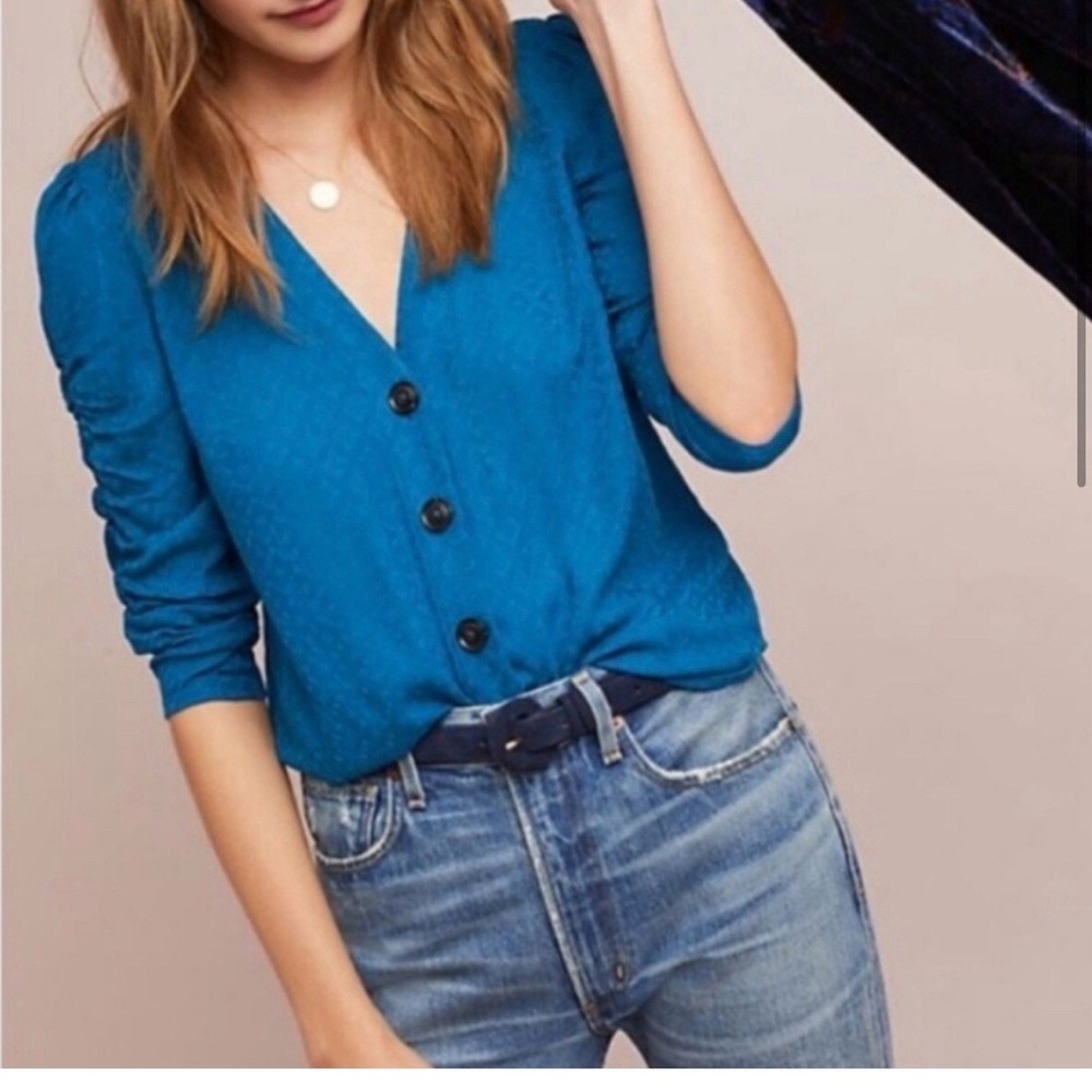 Maeve by Anthropologie Emerald Ruched Sleeve Button-Down Blouse - Picture 6 of 8